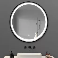   TMP IRON fürdőszoba tükör - FEKETE keret - kerek - LED világítással - érintésmentes kapcsoló - 70 cm