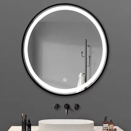 TMP IRON fürdőszoba tükör - FEKETE keret - kerek - LED világítással - érintésmentes kapcsoló - 90 cm