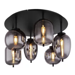   Globo 15345-6D Mennyezeti lámpa fém matt fekete alaplap, 3 különböző formájú füstszínű búrával. Gläser , ø: 650mm, M: 380mm, 6x E14 40W, fényforrás nélkül szállítva szállítva, 230V