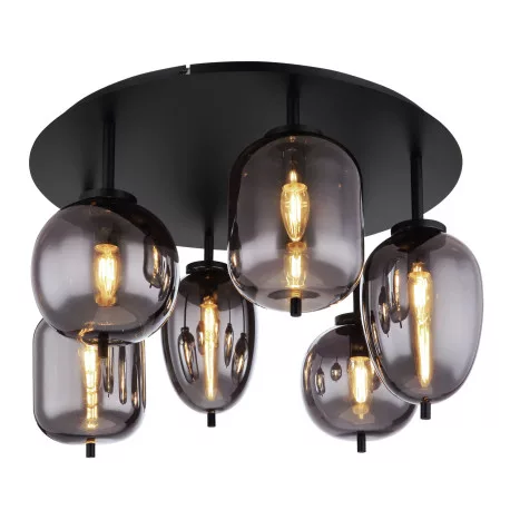 Globo 15345-6D Mennyezeti lámpa fém matt fekete alaplap, 3 különböző formájú füstszínű búrával. Gläser , ø: 650mm, M: 380mm, 6x E14 40W, fényforrás nélkül szállítva szállítva, 230V