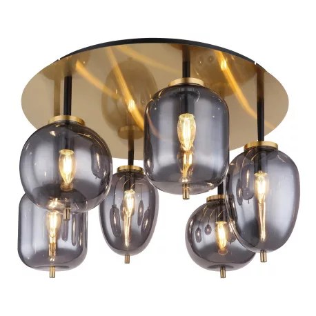 Globo 15345-6DMM Mennyezeti lámpa fém matt réz alaplap, 3 különböző formájú füstszínű búrával. , ø: 650mm, M: 380mm,. 6x E14 40W, fényforrás nélkül szállítva szállítva, 230V