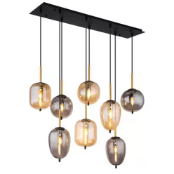   Globo 15345-8A Függeszték fém matt fekete, matt sárgaréz, füstszínű üveg, borostyán, fekete PVC kábel, 4 különböző üvegforma és 2 szín, HxSzxM: 1025x340x1200mm, nem tartozék: 8x E14 40W 230V