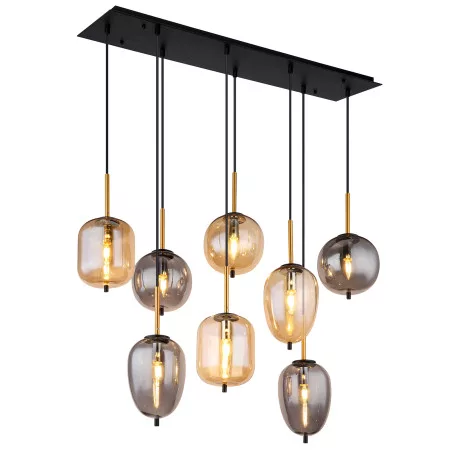 Globo 15345-8A Függeszték fém matt fekete, matt sárgaréz, füstszínű üveg, borostyán, fekete PVC kábel, 4 különböző üvegforma és 2 szín, HxSzxM: 1025x340x1200mm, nem tartozék: 8x E14 40W 230V