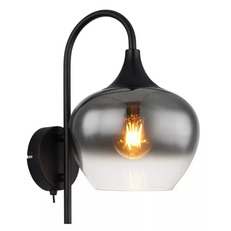 Globo 15548W Fali lámpa fém matt fekete, üveg füstszínű, billenőkapcsolóval, fényirány: lefelé, SZxM: 180x320mm, Mélység: 250mm, nem tartozék: 1x E27 40W 230V