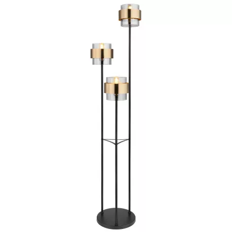 Globo 15560S Állólámpa fém fekete váz, üveg búra réz dekor gyűrűvel. Billenőkapcsolóval. ø: 430mm, M: 1670mm, Kabel 1800mm, exkl. 3x E27 60W 230V