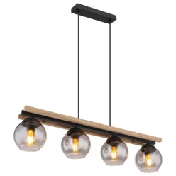   Globo 15569-4HW Függeszték fém fekete matt, fa sötétbarna, üveg füstszínű, kábel PVC fekete, magassága állítható, HxSzxM: 850x150x1200mm, 4x E27 25W 230V izzók nélkül