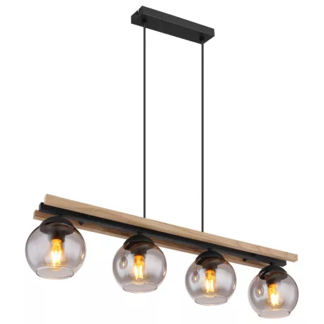 Globo 15569-4HW Függeszték fém fekete matt, fa sötétbarna, üveg füstszínű, kábel PVC fekete, magassága állítható, HxSzxM: 850x150x1200mm, 4x E27 25W 230V izzók nélkül