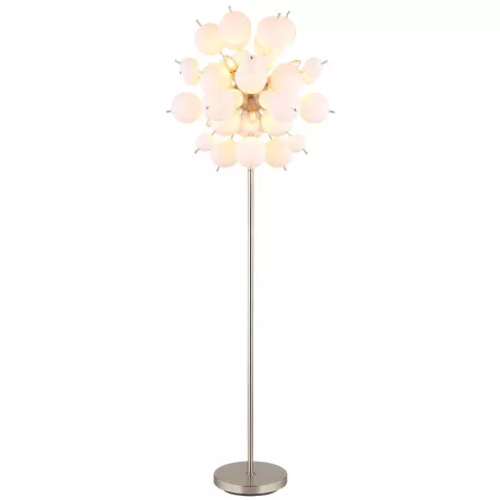 Globo 15633SO Állólámpa fém nikkel matt, fehér színű üveggömbök, fekete PVC kábel, lábpedálos kapcsoló a kábelen, ø: 550mm, M: 1550mm, kábel hossza 1800mm, üveggömbök átmérője: 24 x 6 cm, 24 x 10 cm, 6x E14 25W 230V izzók nélkül