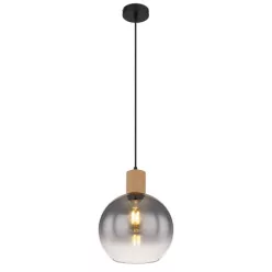   Globo 15656H Függeszték fém matt fekete, MDF fa hatású sötét, üvegfüstszínű , átlátszó, kábeltextil fekete, magassága lerövidíthető (függőlámpa), állítható magasságú (függőlámpa), ø: 250mm, M:1200mm, 1x E27 fényforrás nélkül szállítva 40W 230V
