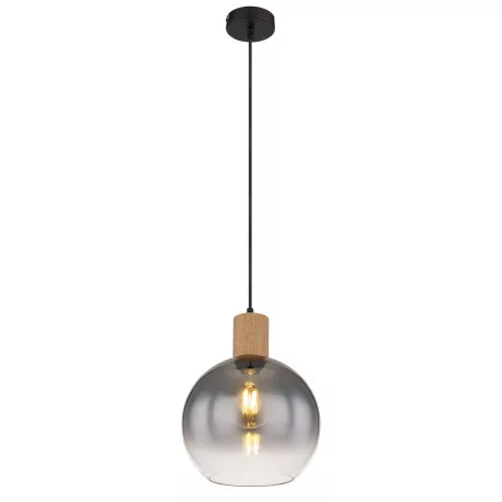 Globo 15656H Függeszték fém matt fekete, MDF fa hatású sötét, üvegfüstszínű , átlátszó, kábeltextil fekete, magassága lerövidíthető (függőlámpa), állítható magasságú (függőlámpa), ø: 250mm, M:1200mm, 1x E27 fényforrás nélkül szállítva 40W 230V