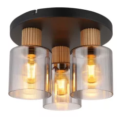   Globo 15768-3D Mennyezeti lámpa, fekete matt fém, sötétbarna fa, füstszínű üveg, ø: 300mm, M: 210mm, 3x E27 25W 230V izzók nélkül