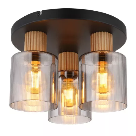 Globo 15768-3D Mennyezeti lámpa, fekete matt fém, sötétbarna fa, füstszínű üveg, ø: 300mm, M: 210mm, 3x E27 25W 230V izzók nélkül