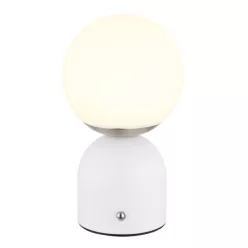   Globo 21006W Újratölthető asztali lámpa fém fehér matt, fém nikkel matt, műanyag fehér, kábel PVC fehér, szabályozható, fokozatmentes érintés dimmer, színek rögzíthetők, memóriafunkc. USB, akkuval töltési idő:kb.3 óra, ø:120mm,M:210mm,LED 2,5W 12V, 189lm 