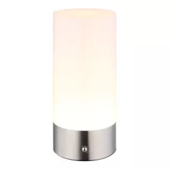   Globo 21040RGB Asztali lámpa fém nikkel matt, műanyag fehér, kábel PVC fehér, érintéses be/ki, érintéses dimmer, RGB, adapter nélkül,USB-C, akku:CR18650 1200mAh 3.7V, IP44, ø:88mm, M:190mm, kábel hossza 1000mm, RGBW LED 1.8W 230V, 160lm forrás, 100lm kime