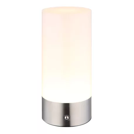 Globo 21040RGB Asztali lámpa fém nikkel matt, műanyag fehér, kábel PVC fehér, érintéses be/ki, érintéses dimmer, RGB, adapter nélkül,USB-C, akku:CR18650 1200mAh 3.7V, IP44, ø:88mm, M:190mm, kábel hossza 1000mm, RGBW LED 1.8W 230V, 160lm forrás, 100lm kime