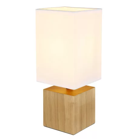 Globo 21628W Asztali lámpa natúr fa, fehér textil, fekete PVC kábel, billenőkapcsoló a kábelen, HxSzxM: 120x120x300mm, kábelhossz 1500mm, nem tartozék: 1x E27 7W 230V