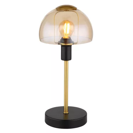 Globo 21914A Asztali lámpa fém fekete matt, fém arany színű csiszolt, borostyán színű üveg búra, fekete PVC kábel, érintő kapcsoló, ø: 150mm, M: 320mm, kábel hossza 1500mm, 1x E14 25W 230V izzó nélkül