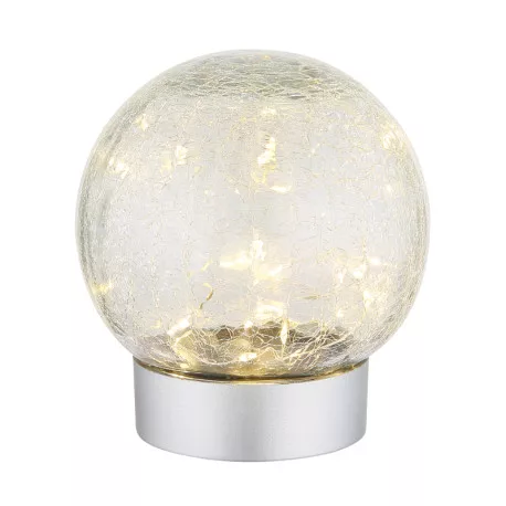 Globo 28078 Dekoratív lámpa, műanyag ezüst matt, üveggömb átlátszó, repedt üveghatással, csúszókapcsoló, adapter nélkül, USB-A 2.0 - USB-C, 14500 600mAh 3,7V akkumulátorral, IP44, ø: 120mm, M: 135mm, kábel hossza 800mm, LED 0,06W 230V, 3000K