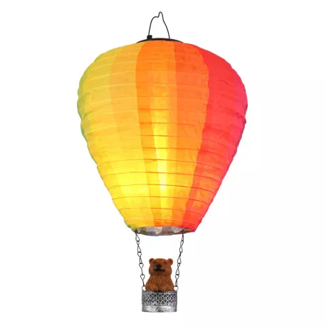 Globo 36138 Solar lámpa, hőlégballon, műanyag ezüstszínű, műanyag barna, textil színű, fém fekete matt, nyomógombos, tűz hatású, AA 600mAh 3V elemmel, IP44, ø: 270mm, M: 440mm, tartozék: 24x LED 0.06W 3V, 1800K
