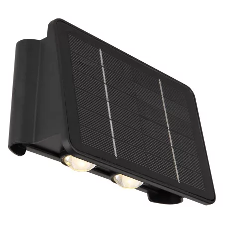 Globo 36496 Solar lámpa. műanyag fekete, műanyag átlátszó színekben pompázik. Nyomáskapcsoló, Akkumlátor mellékelve van. Fény iránya: fel és le, CR18650 1300mAh 3,2V, IP54, SZxM: 170x108mm, AL: 64mm, incl. 4x LED 1W 3,2V, 30lm kimenet, 3000K.