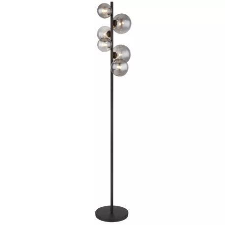 Globo 56133-6S Állólámpa fém matt fekete, füstszínű üveg, lábkapcsoló a kábelben, HxSzxM: 295x280x1550mm, kábelhossz 2400mm, üveg átmérő: 2x12cm, 2x10cm, 2x15cm, benne 6x G9 LED 3.5W 350lm forrás, 130lm kimenet, 3000K, 10676 LED izzóval együtt