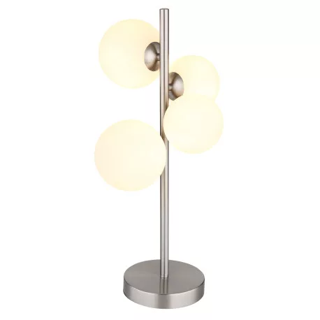 Globo 56140-4T Asztali lámpa fém nikkel matt, üveg fehér, kábel PVC fekete, billenőkapcsoló a kábelen, HxSzxM: 270x230x510mm, kábelhossz 1500mm, üveg átmérő: 2x10cm, 2x12cm, benne 4x G9 LED 3.5W 230V, 350lm forrás, 310lm kimenet, 3000K
