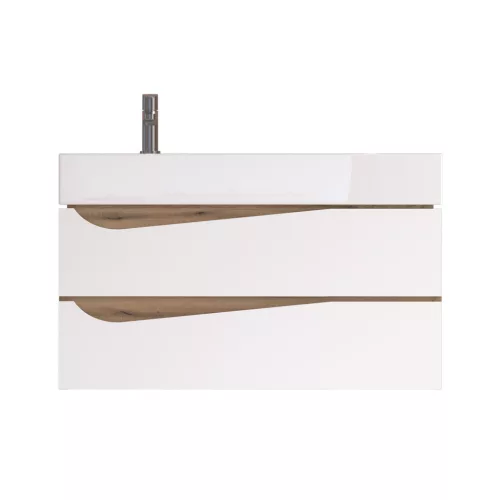 Piramida EURIDIKA fali fürdőszobabútor - műmárvány mosdóval -2 fiókos - ALPINFEHÉR-TÖLGY - 90 x 41 x 56 cm