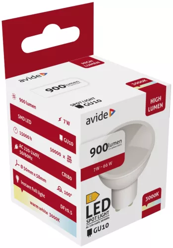 Avide LED Spot Alu+plastic 7W GU10 900LM WW 3000K