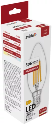 Avide LED Filament Candle 6.5W E14 806LM WW 2700K High Lumen