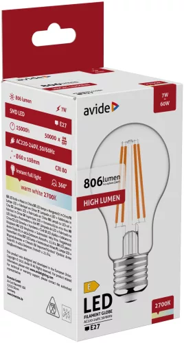 Avide LED Filament Globe 7W E27 806LM WW 2700K