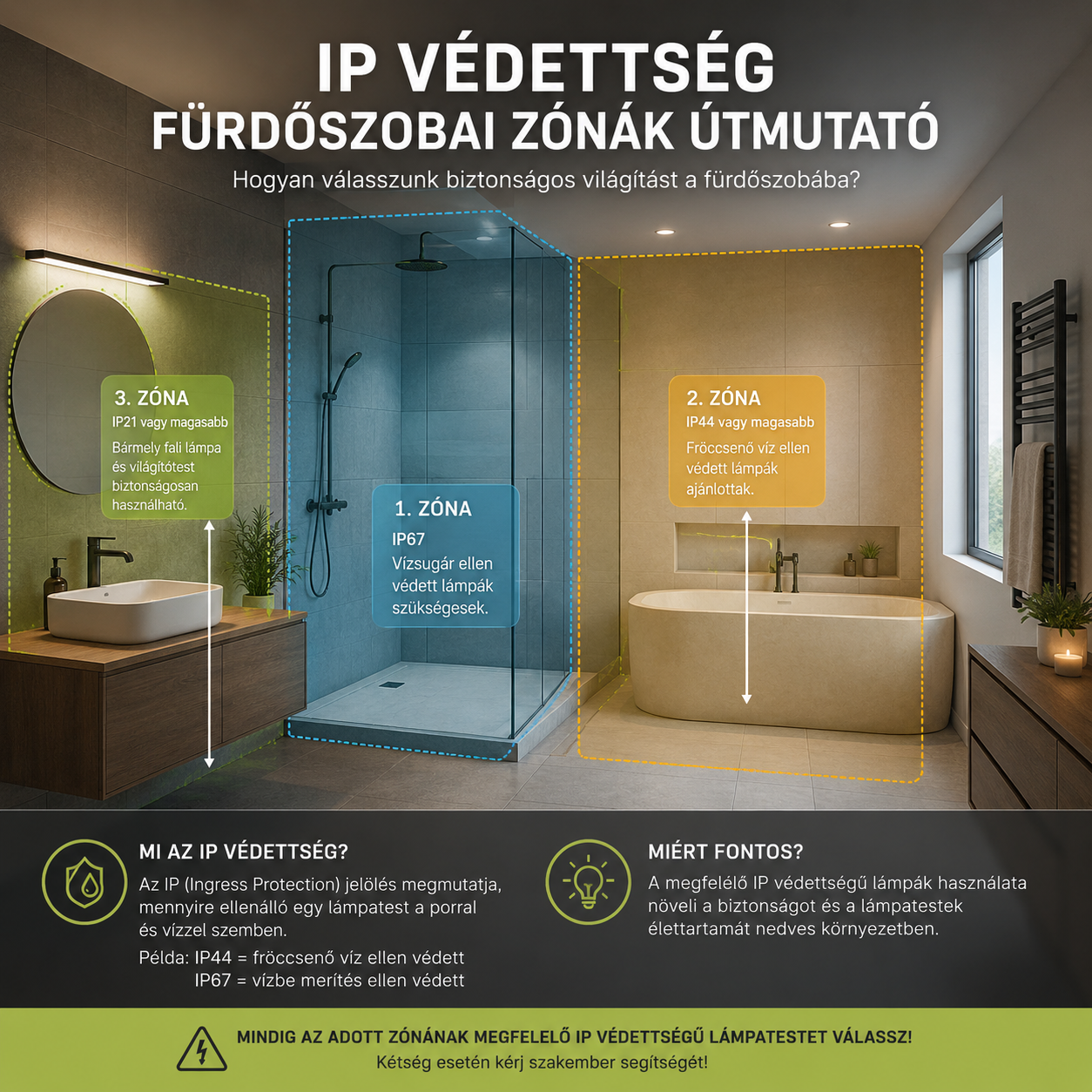 IP-védettség és fürdőszobai zónák – milyen lámpa hová kerülhet?